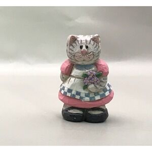 Cute Little Kitten Figurine Wearing A Pretty Dress Holding Flowers